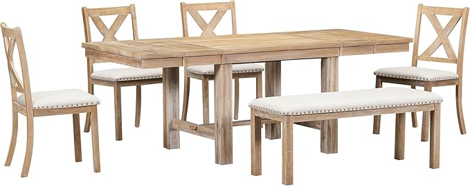 Ball & Cast Farmhouse 6 Piece Extendable Dining Table with Footrest,Living Room Furniture w/ 4 Upholstered Dining Chairs & Dining Bench,2 11" Removable Leaf,for Dining Room & Kitchen,Natural+Beige