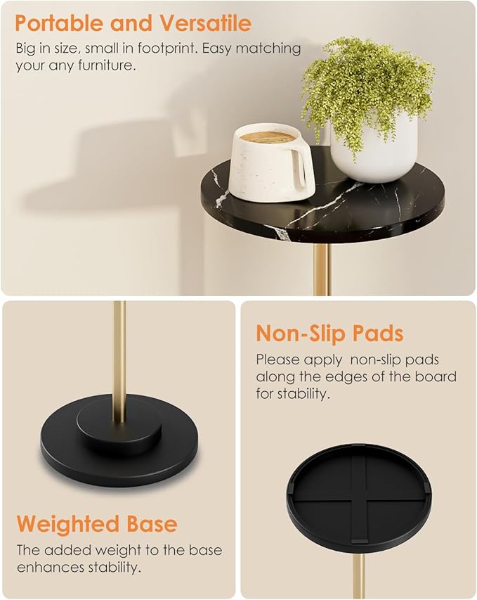 Round Side Table, Small Drink Table for Small Spaces, Modern Accent End Table Coffee Table with Metal Leg for Living Room, Bedroom, Corners, and Office (Black Marble)