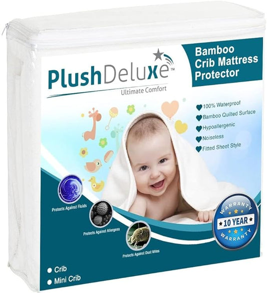 Crib Mattress Protector 100% Waterproof, Noiseless – Viscose Made from Quilted Ultra Soft White Terry Fitted Sheet Style (28"x52")