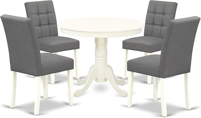 East West Furniture ANAS5-LWH-41 5 Piece Dining Table Set contain A Dinner Table and 4 Platinum Gray Polyester Fabric Kitchen Chairs with Stylish Back- Linen White Finish