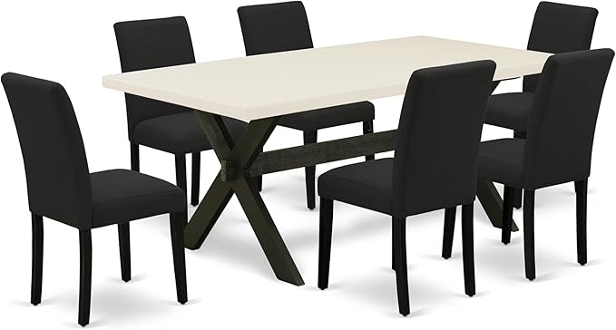 East West Furniture X627AB624-7 7 Piece Dining Room Furniture Set Consist of a Rectangle Dining Table with X-Legs and 6 Black Color Linen Fabric Upholstered Chairs, 40x72 Inch, Multi-Color