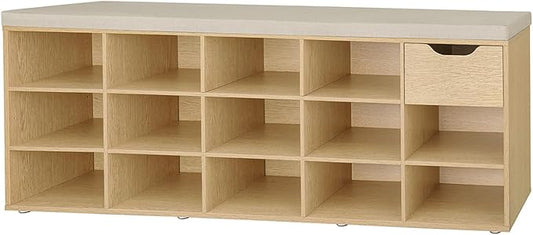 DINZI LVJ Shoe Bench, Entryway Storage Bench with Drawer and 14 Cubbies, Long Cubby Shoe Rack with Adjustable Shelves, Shoe Organizer for Living Room, Bedroom, Mudroom, Garage,Natural