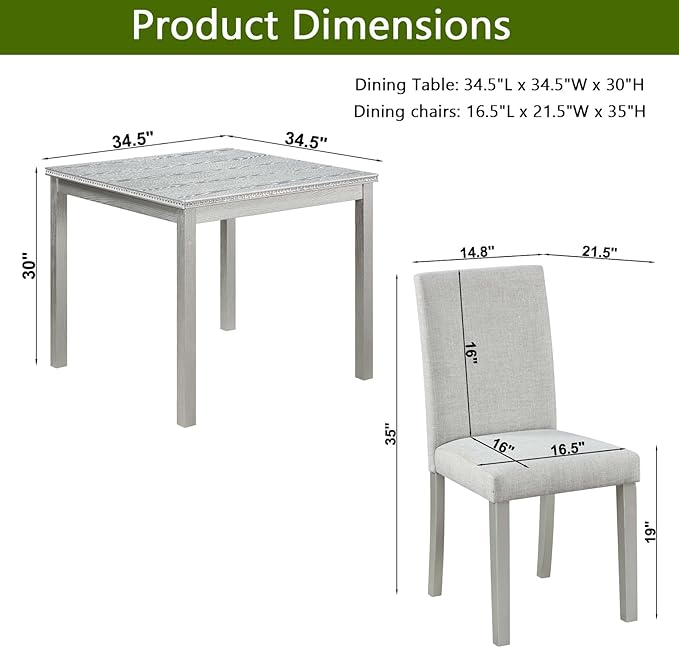 Ball & Cast 5 Piece Dining Table Set,Kitchen Table Set for 4 W/ 34.5" Square Wooden Dining Table,Living Room Furniture W/ 4 Upholstered Chairs,for Dining Room,Kitchen,Restaurant,Silver Gray