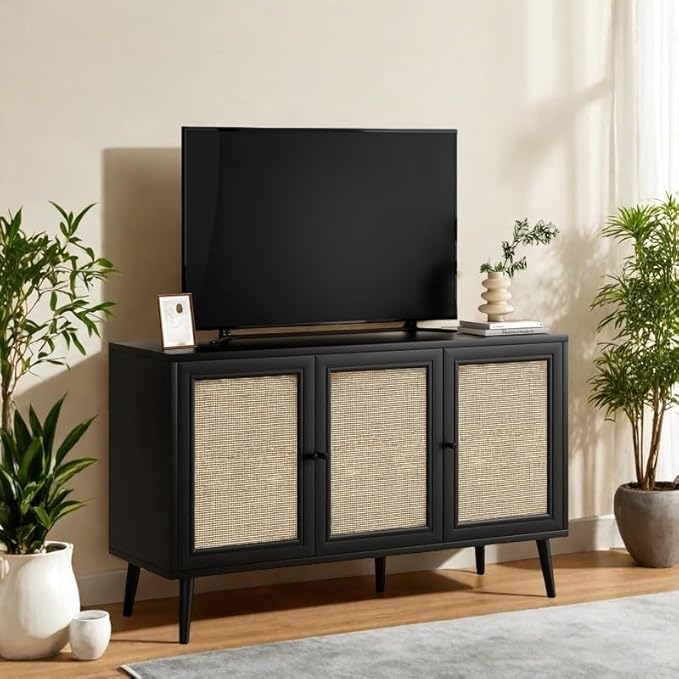 Rattan Entryway Table, Entertainment Center with Adjustable Shelf, Sideboard Buffet Cabinet with 3 Rattan Doors, Modern Console Cabinet with Large Storage for Living Room, Kitchen, Black