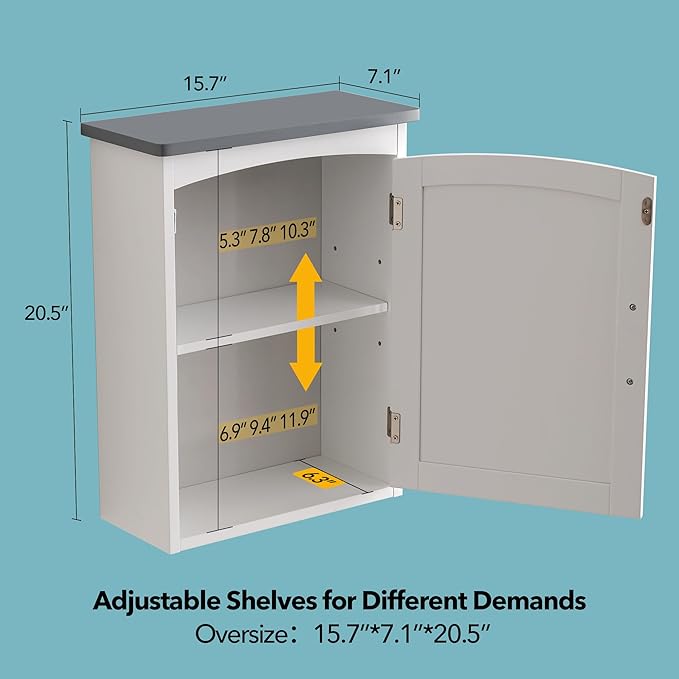 Bathroom Wall Cabinet 15 x 20 Inch Small Wall Cabinets Single Door Over Toilet Medicine Cabinet for Small Bathrooms - Matte White Finish with Gray Top, Soft Close Hinges