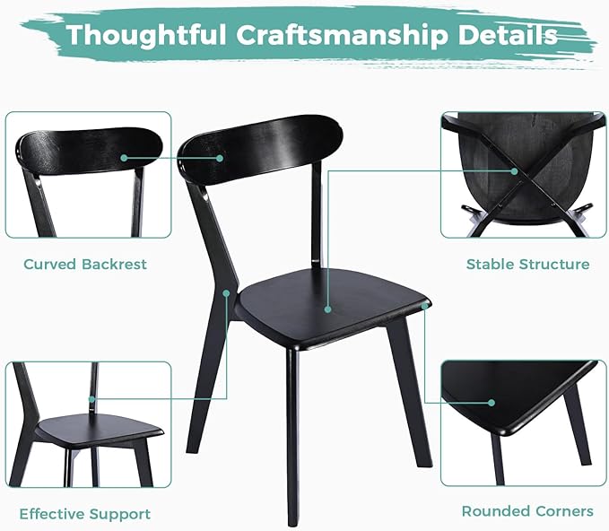 Solid Wood Dining Chairs Set of 4, Farmhouse Kitchen Chairs with Oak Backrest, Wooden Dining Room Chairs for Dining Room, Living Room, Non-Slip Foot Pads, Black