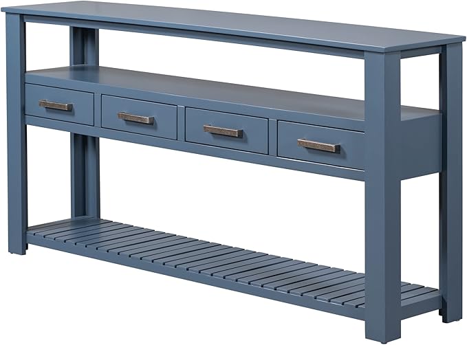 Ball & Cast 62.2“ Contemporary 4 Drawers Console Table, Long Entryway-Table with Drawer & 3 Tier Shelves, FarmhouseWood Storage Sofa Couch-Tables for Entrance Hallway Living, Blue
