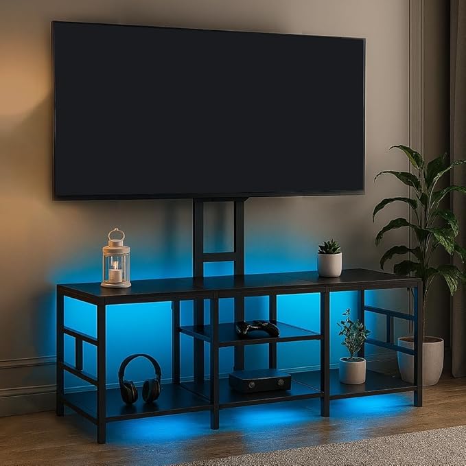 LUCKLIFE TV Stand with Charging Station for TVs up to 70 Inch，Entertainment Center with LED Light and Open Storage Shelves，Modern Media Console Table for Living Room,Bedroom,Modern Black