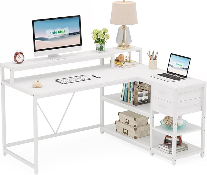 Tribesigns 55-inches Reversible L Shaped Desk with Drawer, Modern White L Corner Desk Home Office Table with Storage Shelves and Monitor Stand, Wooden and Metal PC Desk for Small Space