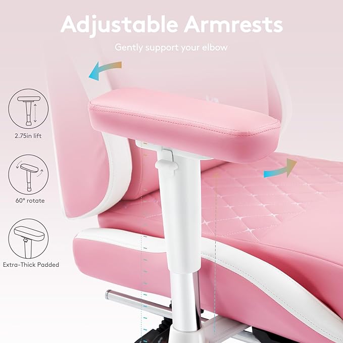Gaming Chair,Computer Office Chair with Footrest,Massage Lumbar Support and Gel Pad,Ergonomic Reclining Leather Gamer Chair with Headrest,Adjustable Armrests and Spring Cushion Pink