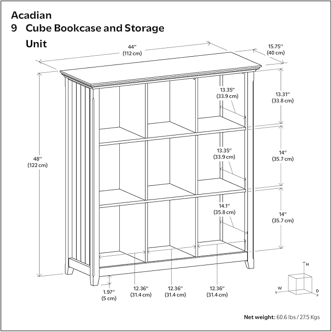 SIMPLIHOME Acadian Bookcase - 44 inch Tall 9-Cube Solid Wood Cube Organizer in Light Golden Brown, Transitional Bookcase Storage for Living Room, Study or Office with Fixed Shelves and Tapered Legs
