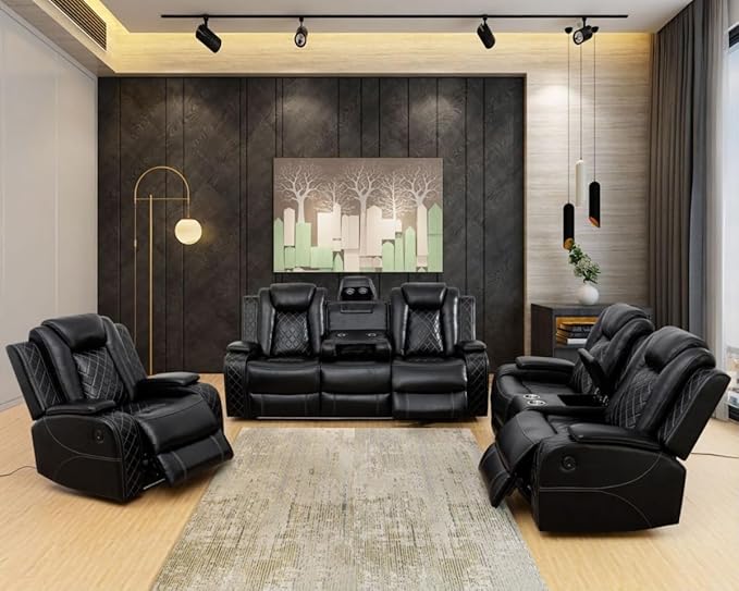 Electric Power Recliner Chair/Loveseat/Sofa Living Room, Comfy Home Theater Breathing Leather Seating with USB 2.0 Charging Ports, LED Light Strips, Fold-Down Table & Cupholders (Black, 3-Piece)