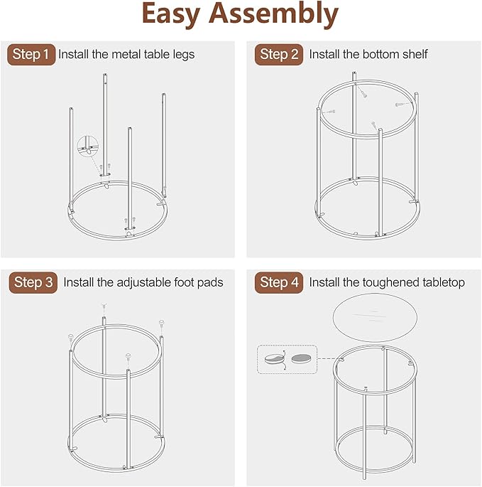 19.7’’ Round Glass End Table, Round Bedside Table with Tempered Glass Top, Gold Glass Side Table with Metal Frame, Modern Round End Table for Living Room Balcony Bedroom Porch Patio