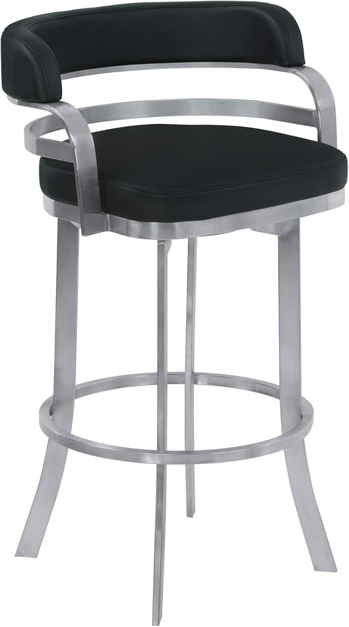 Armen Living Prinz 26" Counter Height Swivel Barstool in Black Faux Leather and Brushed Stainless Steel Finish
