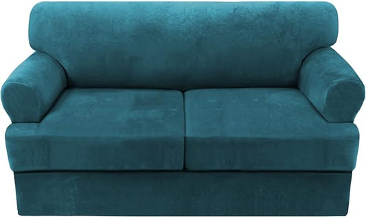 H.VERSAILTEX Sofa Cover 3 Piece T Cushion Loveseat Slipcovers Thick Velvet Couch Cover Furniture Protector Stretch T Cushion Sofa Covers for 2 Cushion Couch with 2 T Cushion Covers Washable, Deep Teal