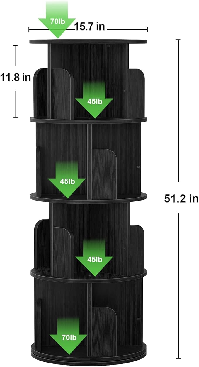 Aheaplus Rotating Bookshelf, 360 Revolving Bookshelf Tower for Small Space, 4 Tier Floor Standing Bookcase Storage Rack, Wood Narrow Book Shelf Organizer for Bedroom, Living Room, Study Room, Black