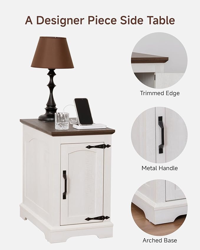 Narrow Side Table with Charging Station,13.8" W End Table with Storage for Sofa Couch or Bed Side with Outlets & USB Ports,Farmhouse Nightstand for Bedroom, Living Room (White & Walnut)