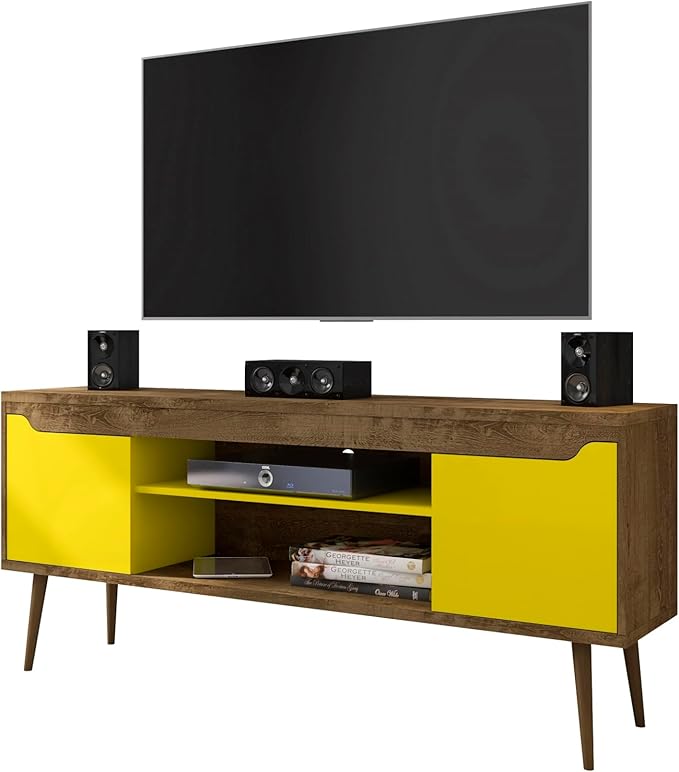 Manhattan Comfort Bradley Mid Century Modern TV Stand for Televisions up to 60 Inches, Living Room Entertainment Center with Storage, Media Shelves and Soft Close Doors, Rustic Brown/Yellow