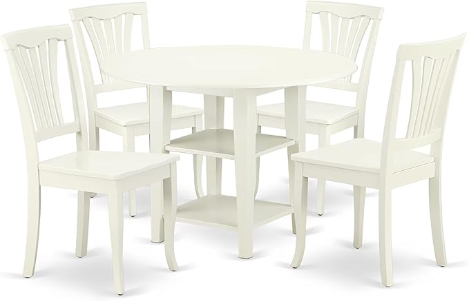East West Furniture SUAV5-LWH-W 5 Piece Dining Table Set for 4 Includes a Round Kitchen Table with Dropleaf & Shelves and 4 Kitchen Dining Chairs, 42x42 Inch, Linen White