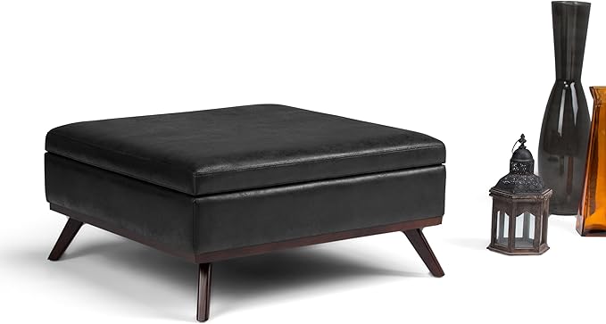 SIMPLIHOME Owen 36 inch Wide Mid Century Modern Square Coffee Table Storage Ottoman in Distressed Black Vegan Faux Leather, Assembled, for the Living Room, Entryway and Family Room