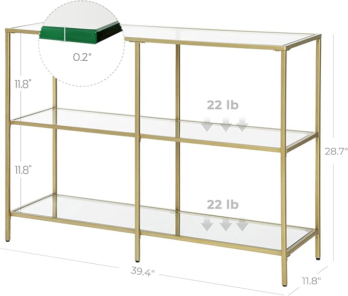 VASAGLE 39.4 Inch Console Table with 3 Shelves, Set of 2 Sofa Tables, Modern Entryway Table, Metal Frame, Tempered Glass Shelf, Entryway Living Room Bedroom, Metallic Gold and Transparent ULGT999G01