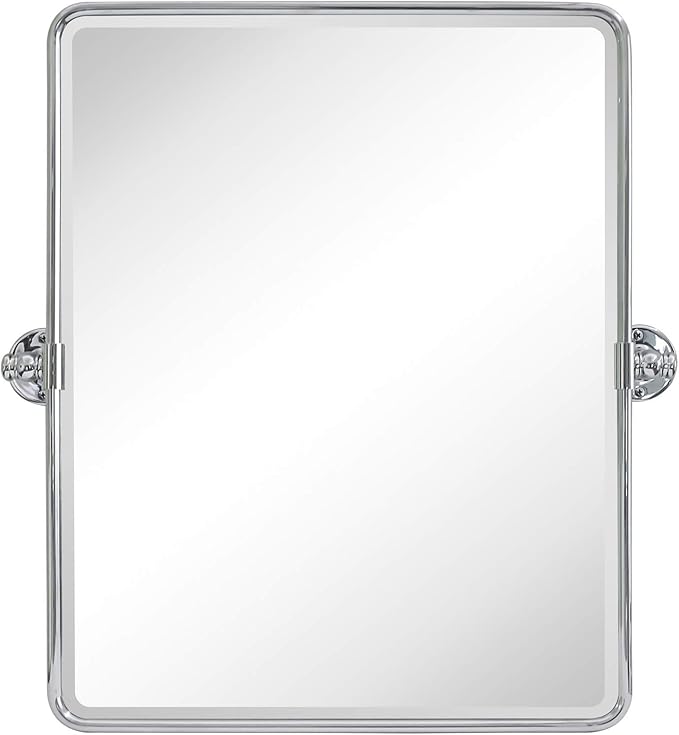 TEHOME 20 x 24 inch Farmhouse Chrome Metal Framed Pivot Rectangle Bathroom Mirror Rounded Rectangluar Tilting Beveled Vanity Mirrors for Wall