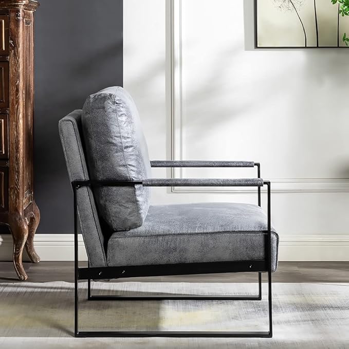 Container Furniture Classic Mid Century Modern Accent Chair with Durable Square Metal Frame, Armchair for Living Room, Bedroom, Home Office in Spotted Microfiber Upholstery, Grey