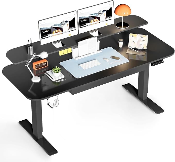 COMHOMA Electric Standing Desk with Drawers, 55 x 24 Inch Sit Stand up Desk with Monitor Stand, Laptop Stand, Height Adjustable Home Office Computer Desks with Memory Preset Controller (Ebony Black)