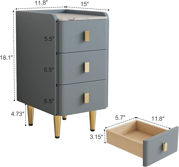 Narrow Nightstand with Drawers, Narrow Side Table Leather, Small Bedside Tables for Bedroom. (Dark Gray)