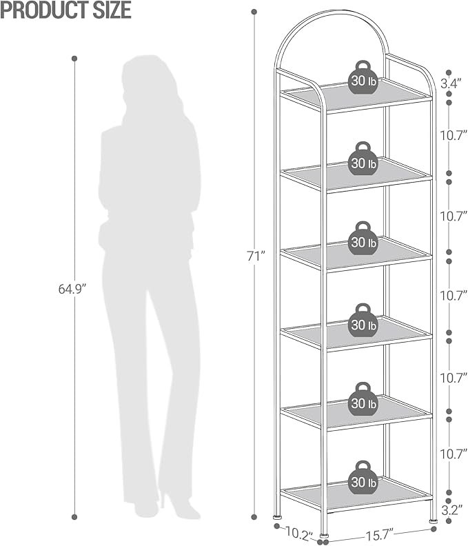 Bookcase Bookshelf, Tempered Glass Bookshelves, Slim Shelving Unit for Bedroom, Bathroom, Home Office, Steel Frame, 6 Tier Gold BC10601G