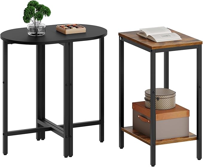 Small Side End Table, Nesting Side Table for Living Room, 2-Tier Nesting Side Table for Small Space, Wooden Sofe Tables Set of 3, Half Round End Table for Couch, Office, Brown and Black ET33BR