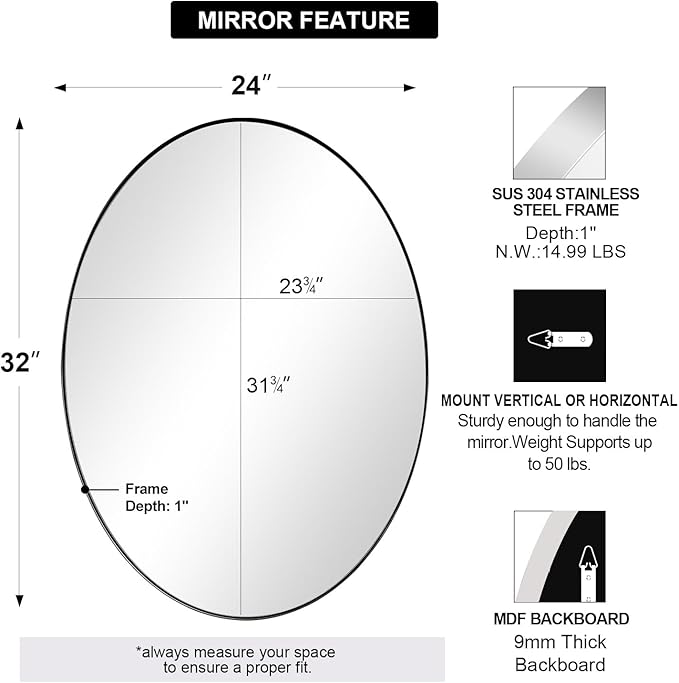 ANDY STAR Chrome Bathroom Mirror, 24x32 Inch Polished Chrome Oval Wall Mirror for Bathroom, Modern Chrome Wall Mirror Pill Shaped Stainless Steel Metal Mirror