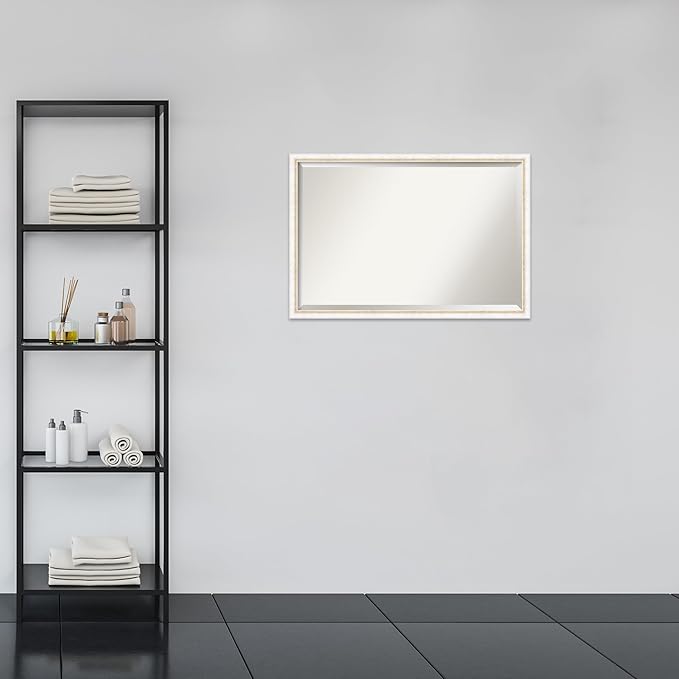Amanti Art White Bathroom Mirror for Over Sink, 26x38 Morgan White Gold Rectangle Vanity Mirror, Large Modern Contemporary Wood Frame, Hangs Horizonally and Vertically, Bathroom Wall Decor, Beveled