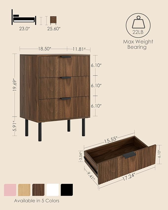 Night Stand,Tall Bedside Table with 3Storage Drawers,Walnut Nightstand,Bedside Furniture,Side Table with Gold Frame,End Table for Bedroom,Living Room
