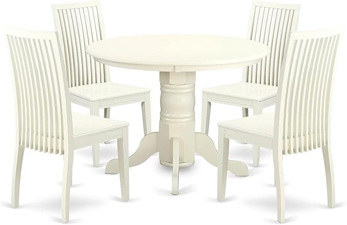 East West Furniture SHIP5-LWH-W 5 Piece Dining Room Table Set Includes a Round Wooden Table with Pedestal and 4 Kitchen Dining Chairs, 42x42 Inch, Linen White