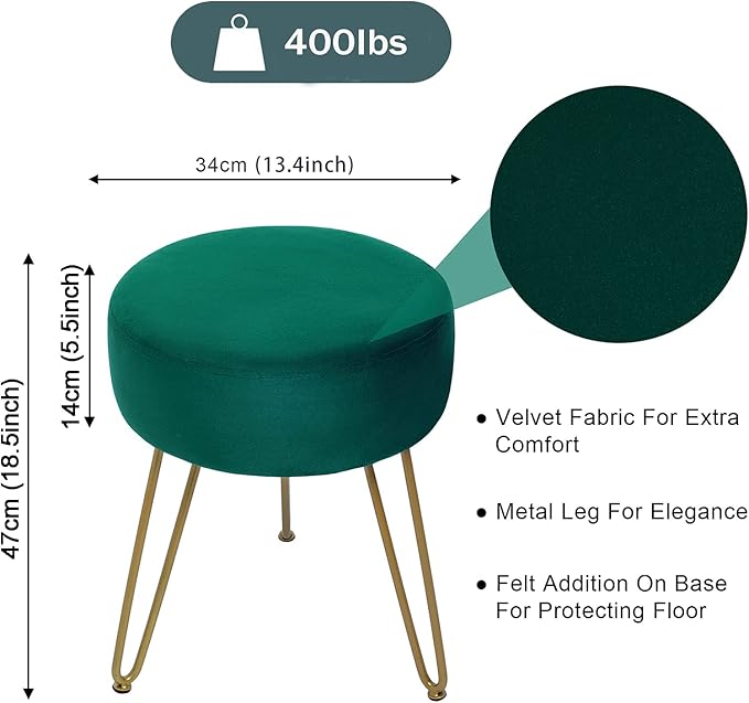 GERANT Multifunctional Vanity Stools - Velvet Round Ottoman Modern Dressing Stool -Upholstered Footrest Stool - Side Table Footstool with Golden Metal Leg for Living Room, Bedroom (Teal)