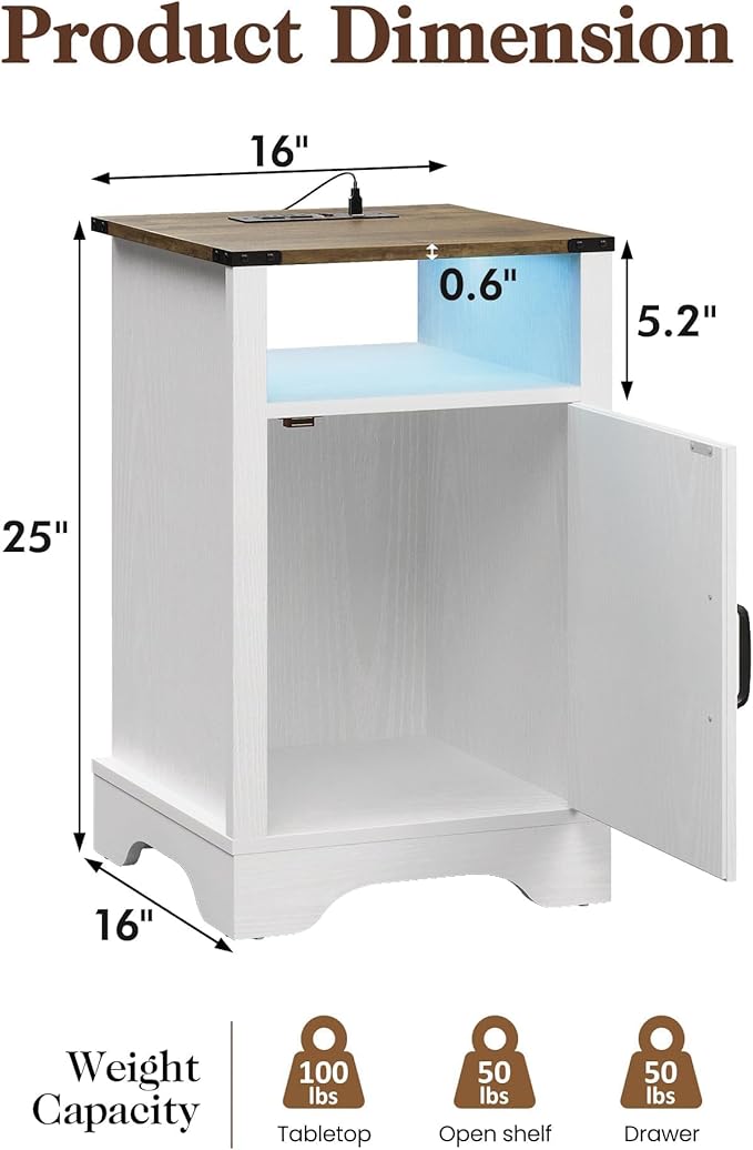 RoyalCraft Farmhouse Nightstand Set of 2, White Night Stand with LED Lights and Charging Station, Bedside Table Set of 2 with Storage and Door, Wood End Table for Bedroom, Home Office, Antique White