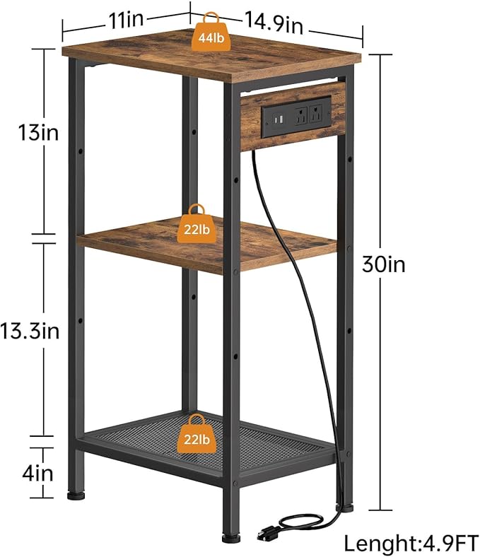 Tall End Table with Fast Charging Station, 3 Tier Narrow Side Table with Outlets and USB Ports & Type-C, Nightstand with Storage, Bedside Table Stand for Bedroom, Living Room, Rustic Brown
