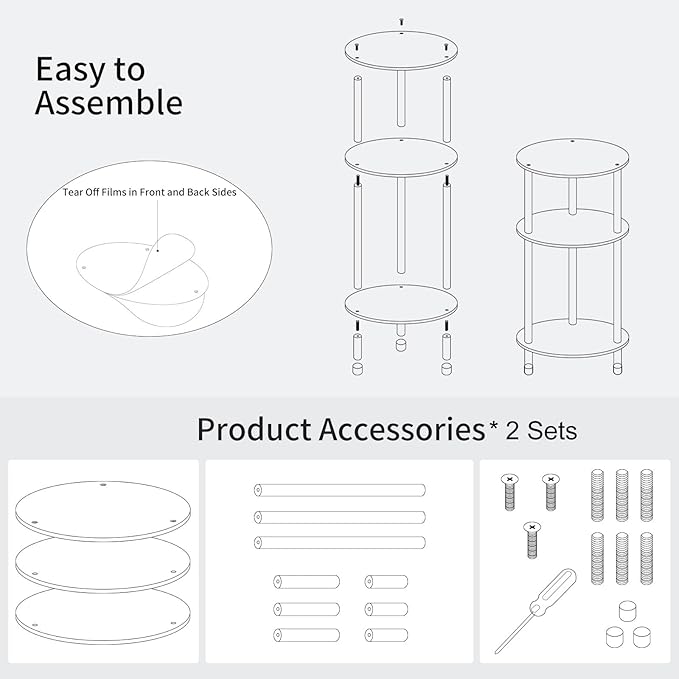 Clear Round Acrylic Side Table Set of 2 for Small Spaces, 11.81" L x 11.81" W x 24.6" H, 3 Tier Small Drink End Table Nightstand, Minimalist Bedside Table for Living Room, Bedroom, Bathroom