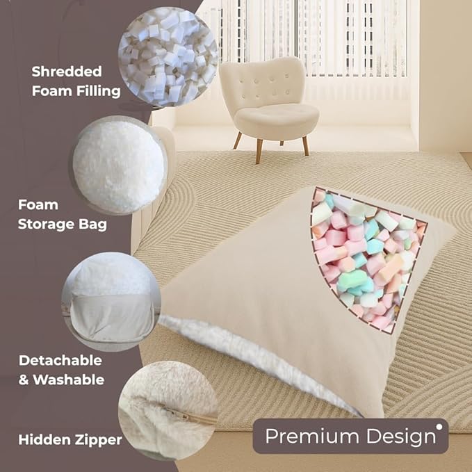 Wonder Space Bean Bag Chair – Soft Foam Filling | Removeable & Washable Cover | Ultra-Soft Plush Fabric - Minimalist Floor Cushion for Kids & Adults, Gaming, Reading and Relaxing, Beige