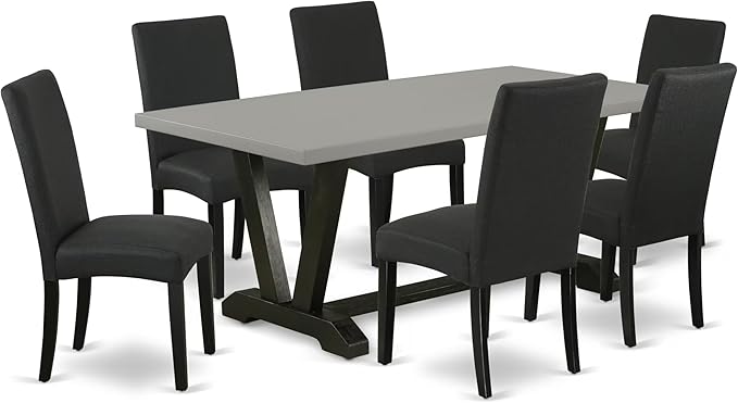 East West Furniture V697DR124-7 7 Piece Modern Dining Table Set Consist of a Rectangle Wooden Table with V-Legs and 6 Black Color Linen Fabric Parsons Dining Chairs, 40x72 Inch, Multi-Color