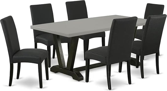 East West Furniture V697DR124-7 7 Piece Modern Dining Table Set Consist of a Rectangle Wooden Table with V-Legs and 6 Black Color Linen Fabric Parsons Dining Chairs, 40x72 Inch, Multi-Color