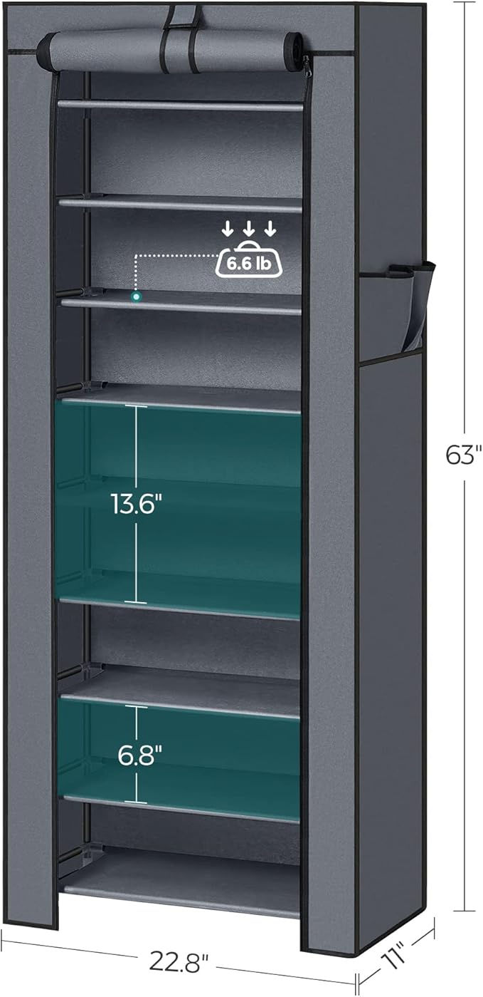 SONGMICS Shoe Rack with Non-Woven Fabric Cover, 9 Tier Storage Shelf for 27-35 Pairs of Shoes, Entryway, Suitable for Sneakers, High Heels, Flats, and Boots, Grey URXJ10G