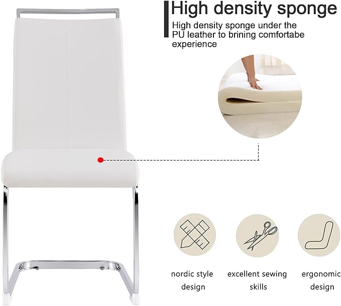 Dining Chairs Set, Kitchen Modern Metal Chairs with Faux Leather Padded Seat High Back and Sturdy Chrome Legs, Chairs for Dining Room (White, Set of 8)