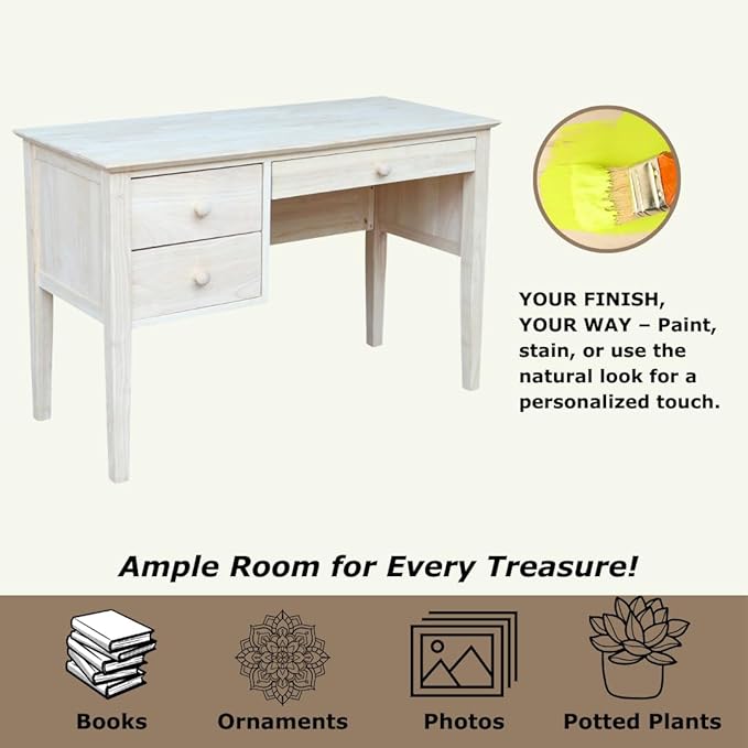 IC International Concepts, Brooklyn Desk, Solid Real Wood, Sturdy Parawood, DIY, Paint/Stain Ready, Unfinished
