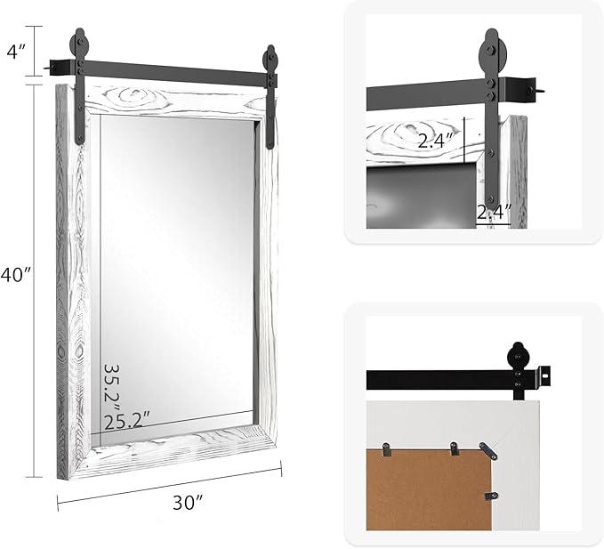 YOSHOOT Farmhouse Barn Door Mirror, 40"x30" Rustic Wood Framed Wall Mirror, Wall Mounted Vintage Mirror, Wooden Farmhouse Style for Bathroom Living Room Entryway, White, Vertical Hanging ONLY