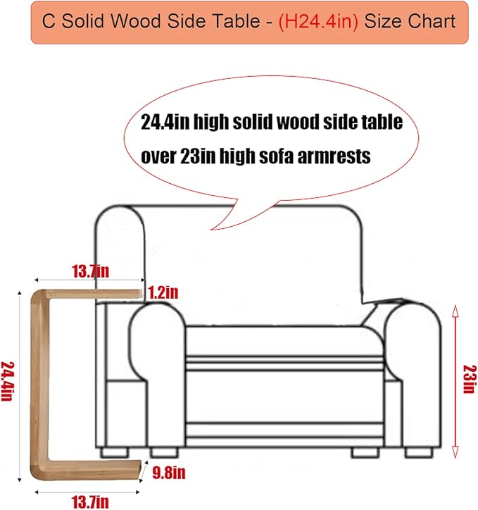 C Shaped End Table, Solid Wood C Side Table for Couch Sofa and Bed, Sofa Tables That Slide Under for Space Saving, Small Snack C Tables for Living Room Bedroom (H 24.4″ - Wood, 2)