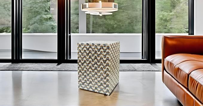 PEMAR Mother of Pearl Square Drum End Table Nacre Lacquer Side Bedside Accent Table and Vanity Stool for Living Room Bedroom (Geometric Cube)