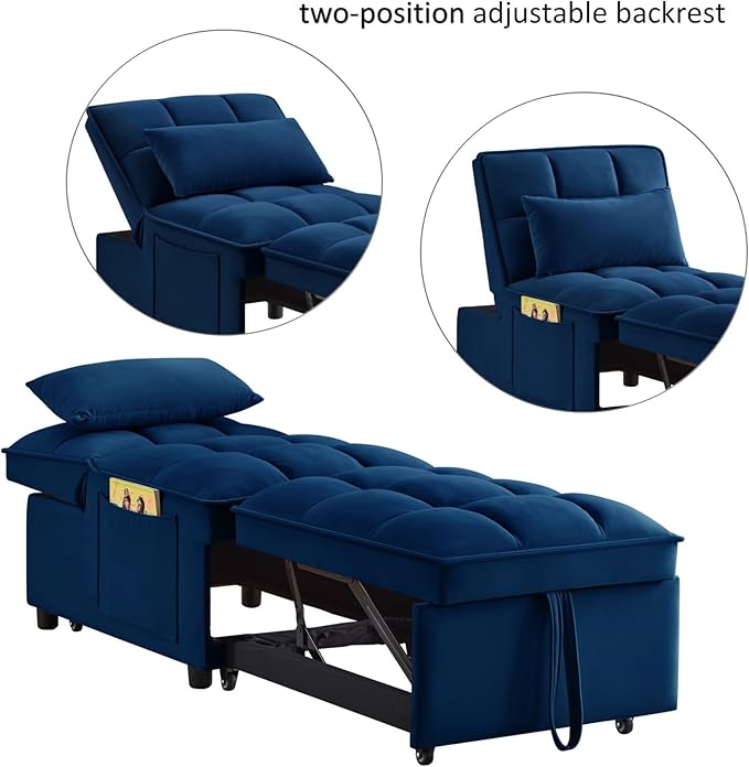 KEIKI Velvet Single Convertible Sleeper Chair Sofa Bed with Adjustable Backrest, Pillows & Storage Pockets, 3 in 1 Pull-Out Couch Chaise Lounge Recliner for Living Room Balcony Bedroom, Navy