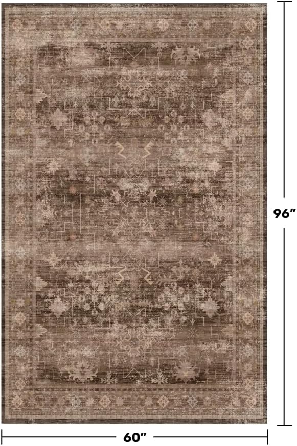 Taupe Brown 5x8 Rug for Living Room - Vintage Traditional Dark Neutral Geometric, Washable Foldable Non-Slip Area Rugs for Dining Under Table, Home Office, Guest Room